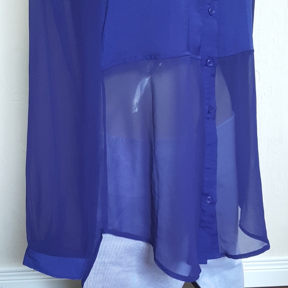 FREE PEOPLE Button Down Sapphire Blue Sateen & Sheer Slightly Fitted SZ Small - Picture 2 of 7